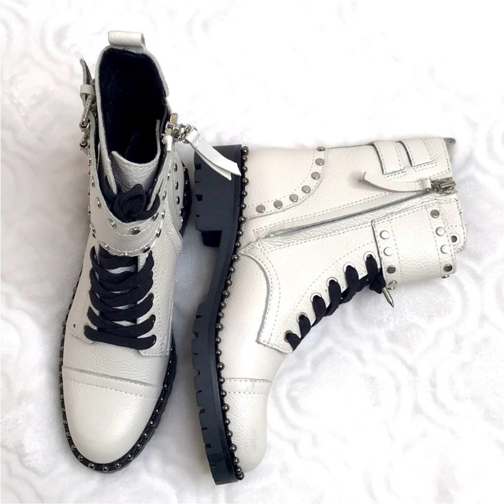 Sam Edelman White Leather Combat Boots with Black Laces